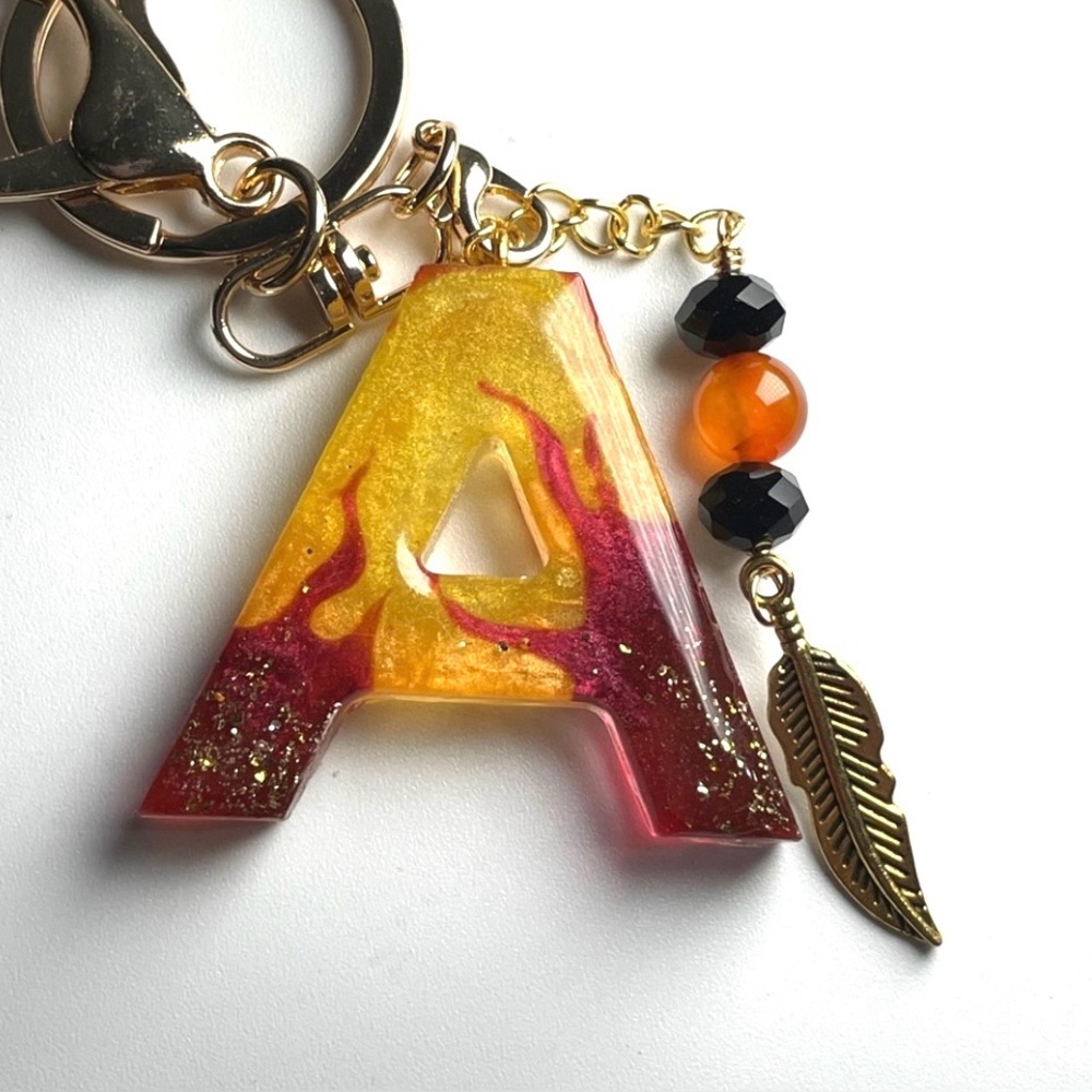 Custom Flaming Letter “A” Keychain with Carnelian Crystal And Gold Feather Charm - Picture 2 of 10